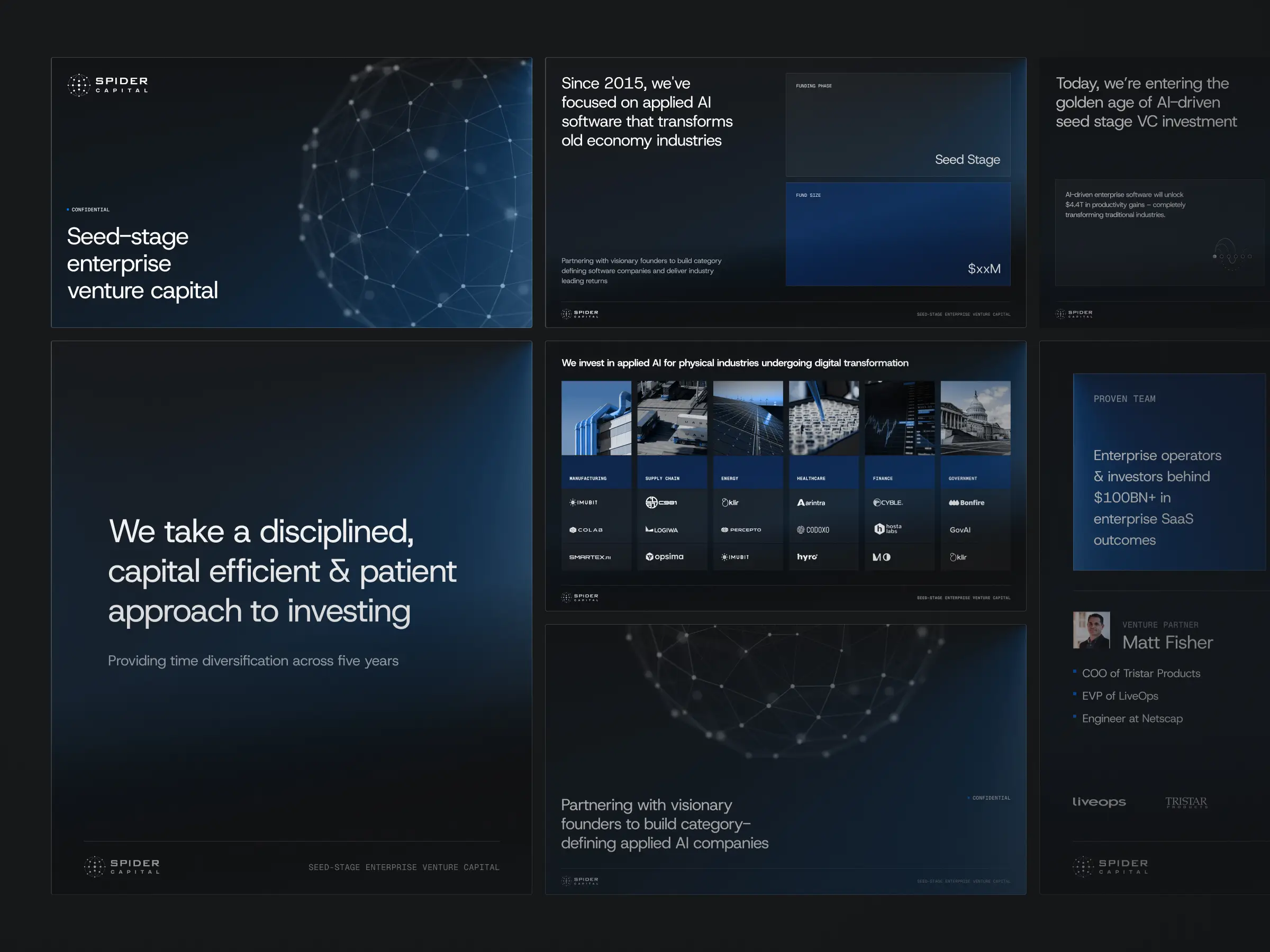Spider Capital pitch deck - Overview of the seed-stage investor presentation - Highlights investment philosophy, a portfolio logo grid across six industries, and a partner profile