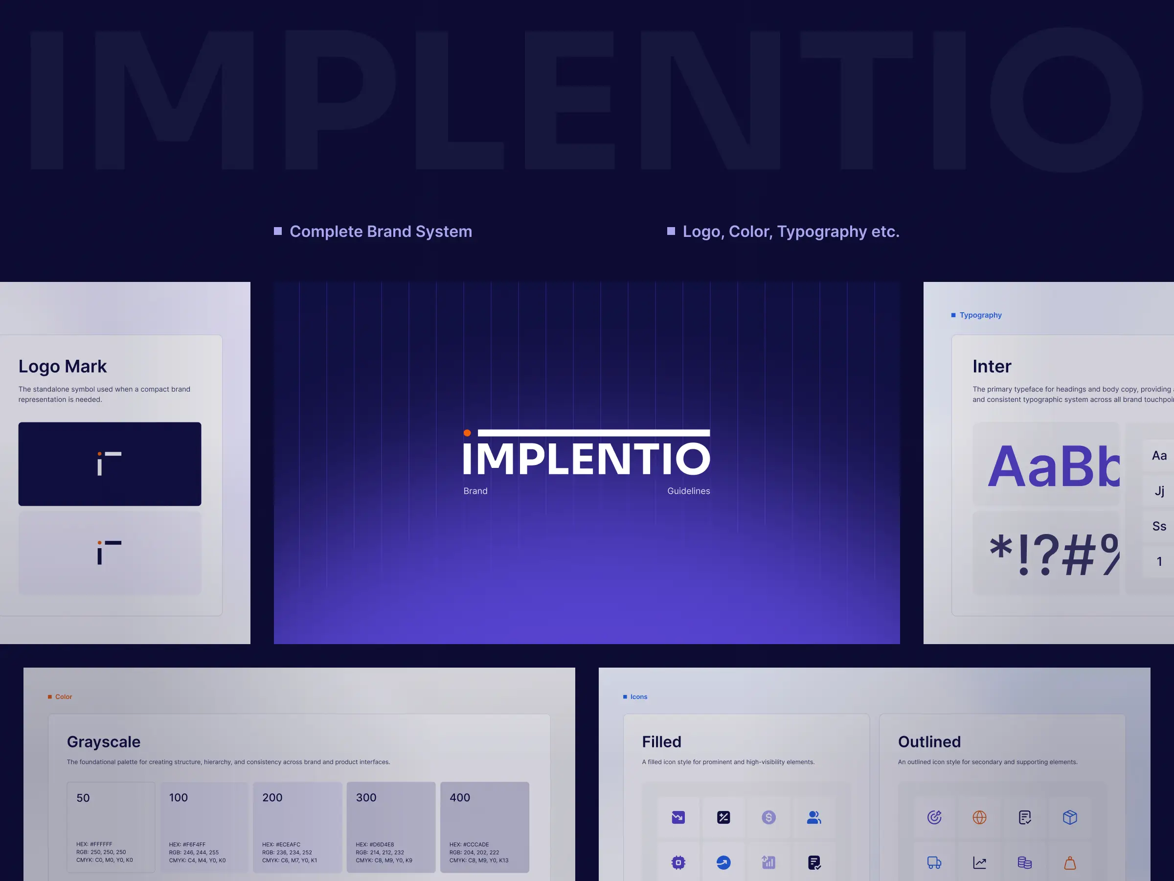 Implentio brand guidelines - Complete brand system for an AI logistics platform - Highlights logo mark, Inter typography, grayscale palette, and filled and outlined icon styles