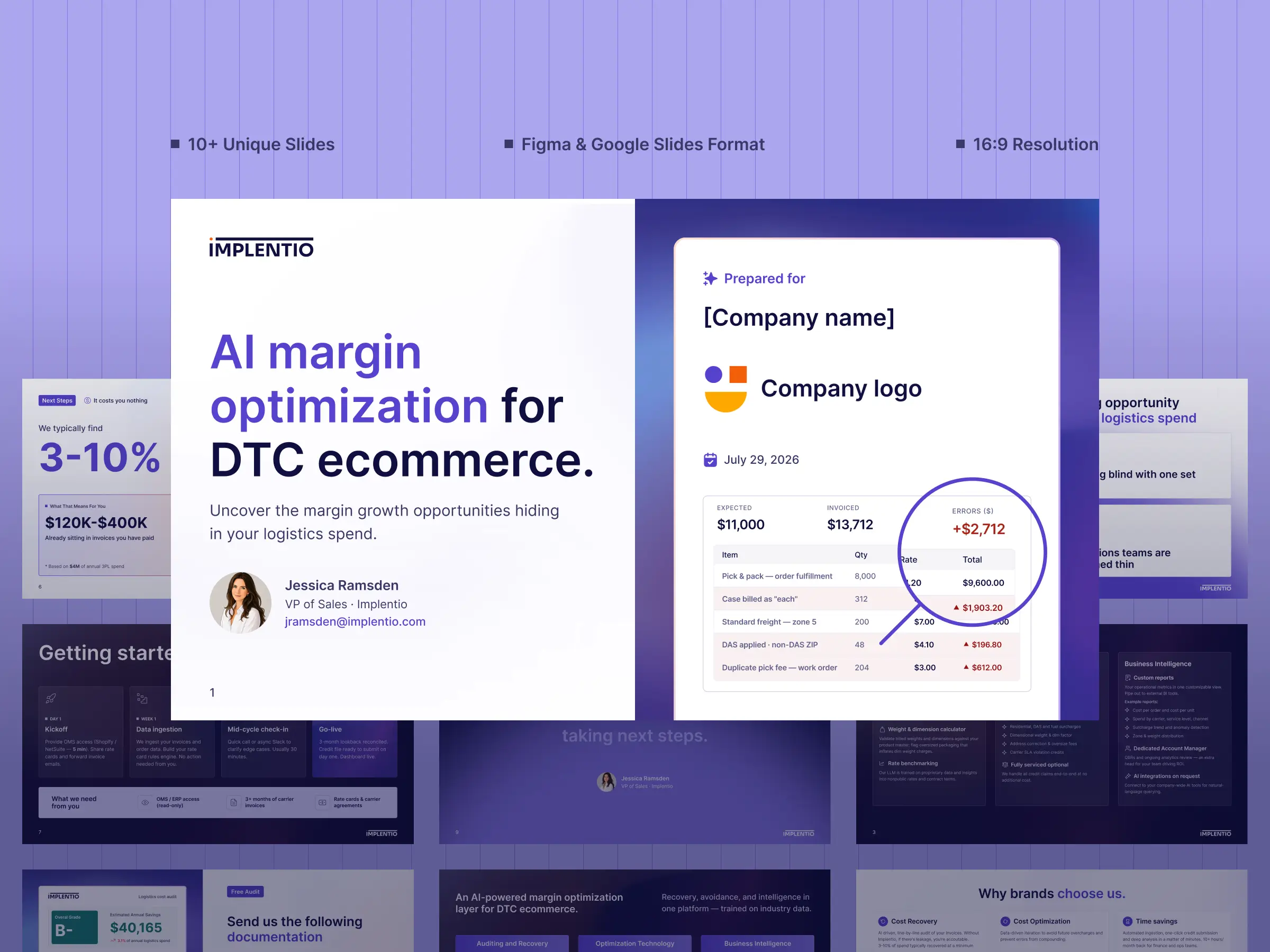 Implentio sales presentation - AI margin optimization deck for DTC ecommerce - Highlights a cover slide, an invoice error breakdown, and onboarding and feature slides