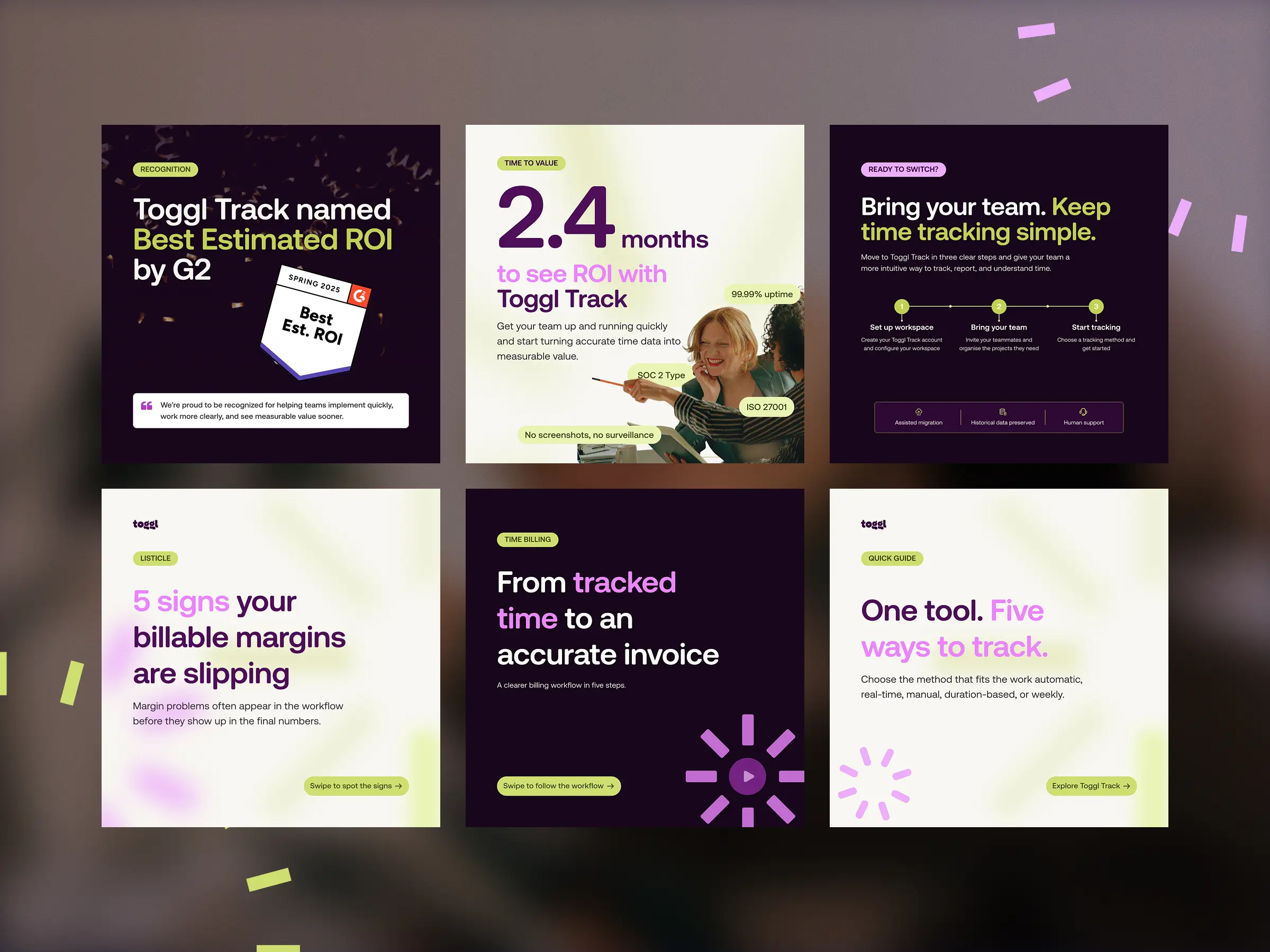 Toggl Track social media templates - Six post designs in purple, cream, and lime - Highlights an award announcement, a time-to-ROI stat, onboarding steps, and billing and tracking tips