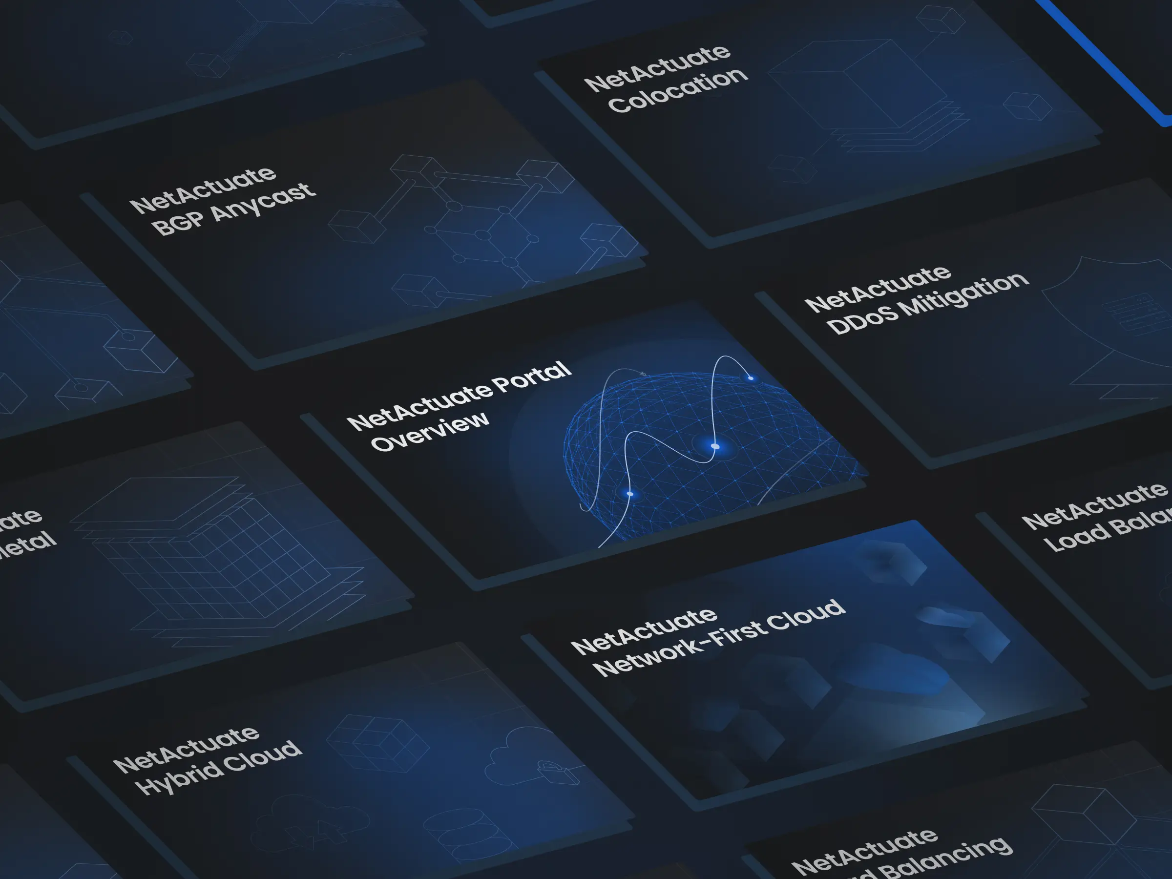 NetActuate custom illustrations - Cover series for edge infrastructure and services - Highlights isometric line art for Portal, DDoS Mitigation, Colocation, BGP Anycast, and Hybrid Cloud