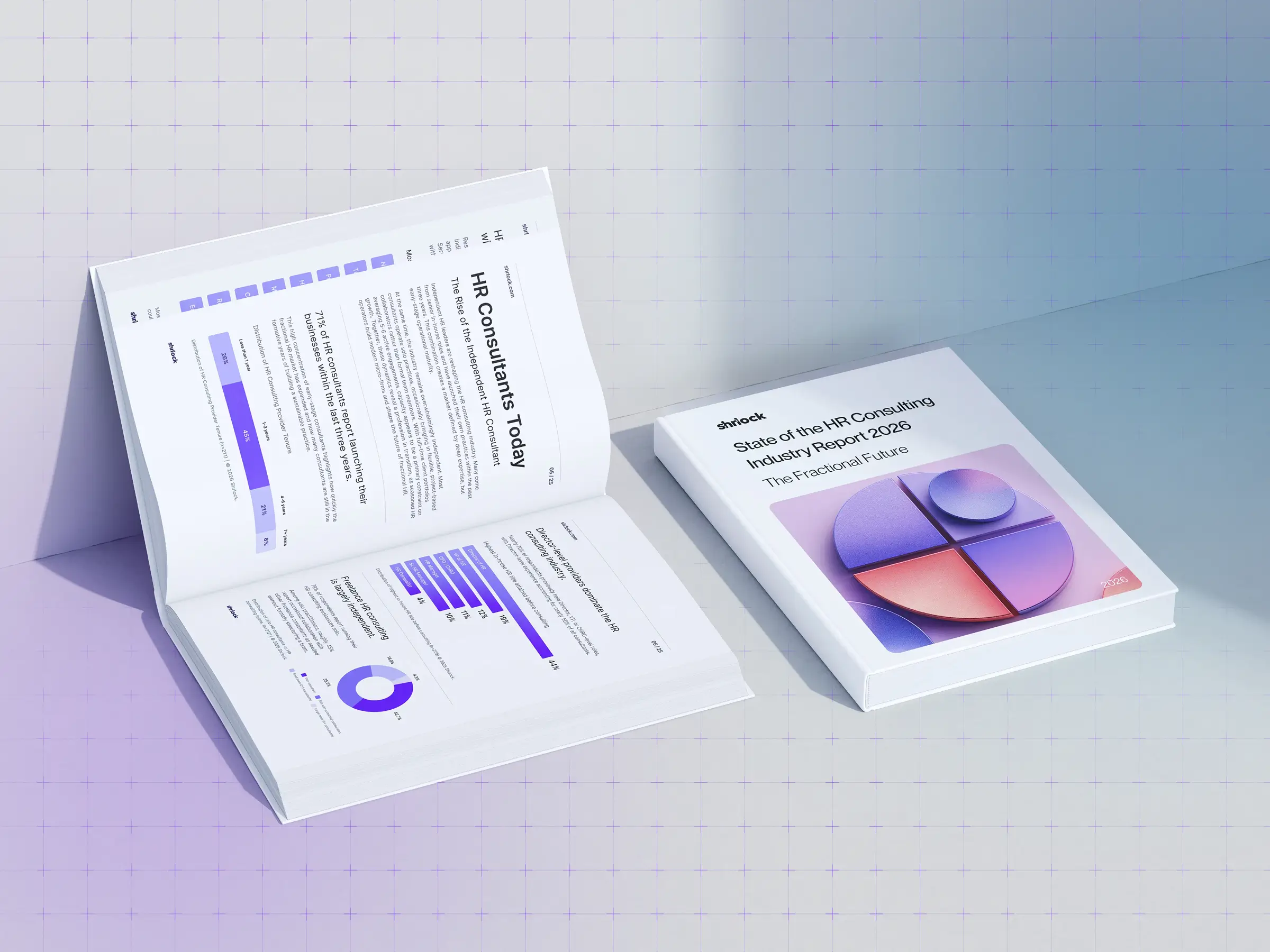 Shrlock industry report - State of the HR Consulting Industry Report 2026 as a printed book - Highlights the 3D cover illustration and an open spread with purple data visualizations