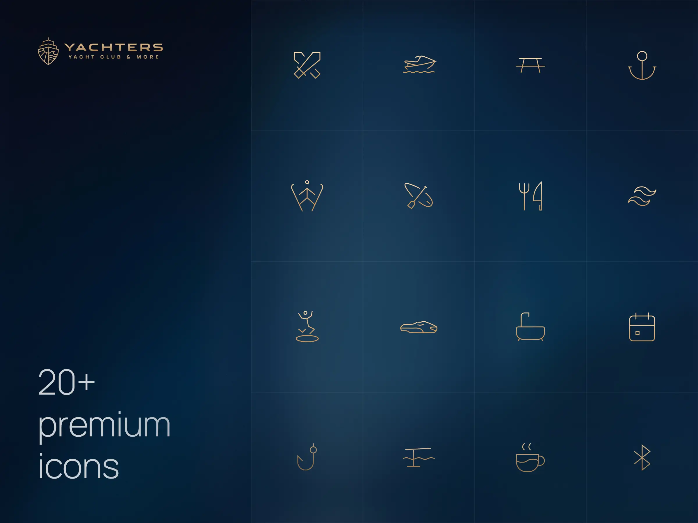 Yachters icon set - Overview of 20+ premium line icons for a yacht club brand - Highlights the logo and gold icons such as an anchor, jet ski, cutlery, and calendar on a navy background