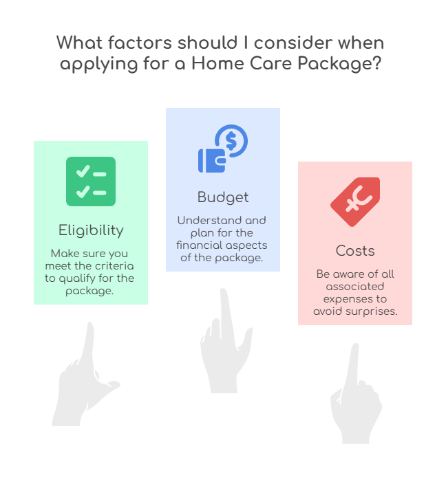 An infographic that illustrates what factors to consider when applying for a Home Care Package