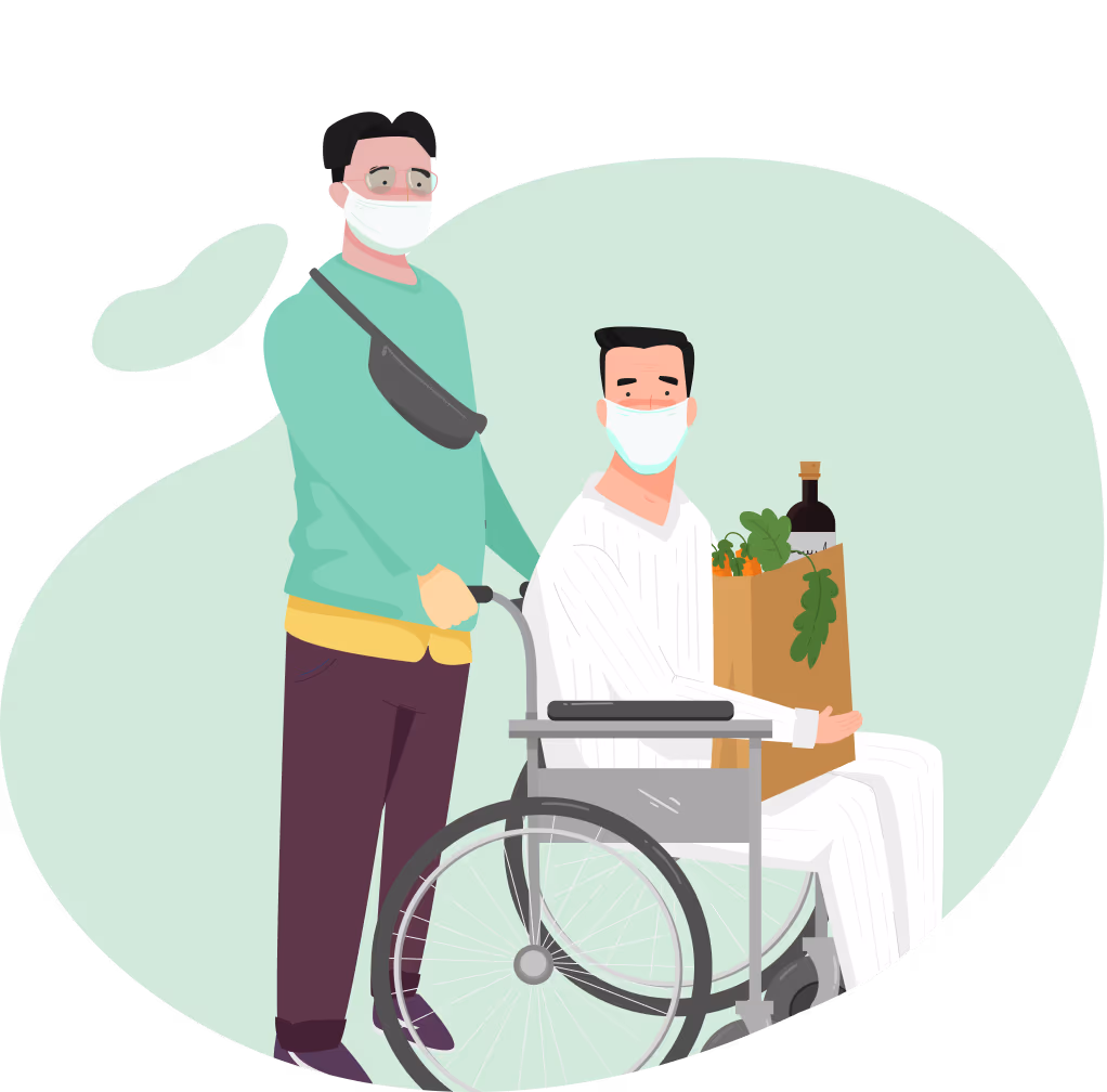 Caregiver helps masked patient in wheelchair with grocery bag