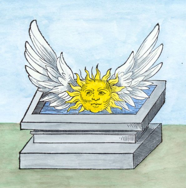 Winged sun above water-filled sepulchre, Rosarium Philosophorum 1550