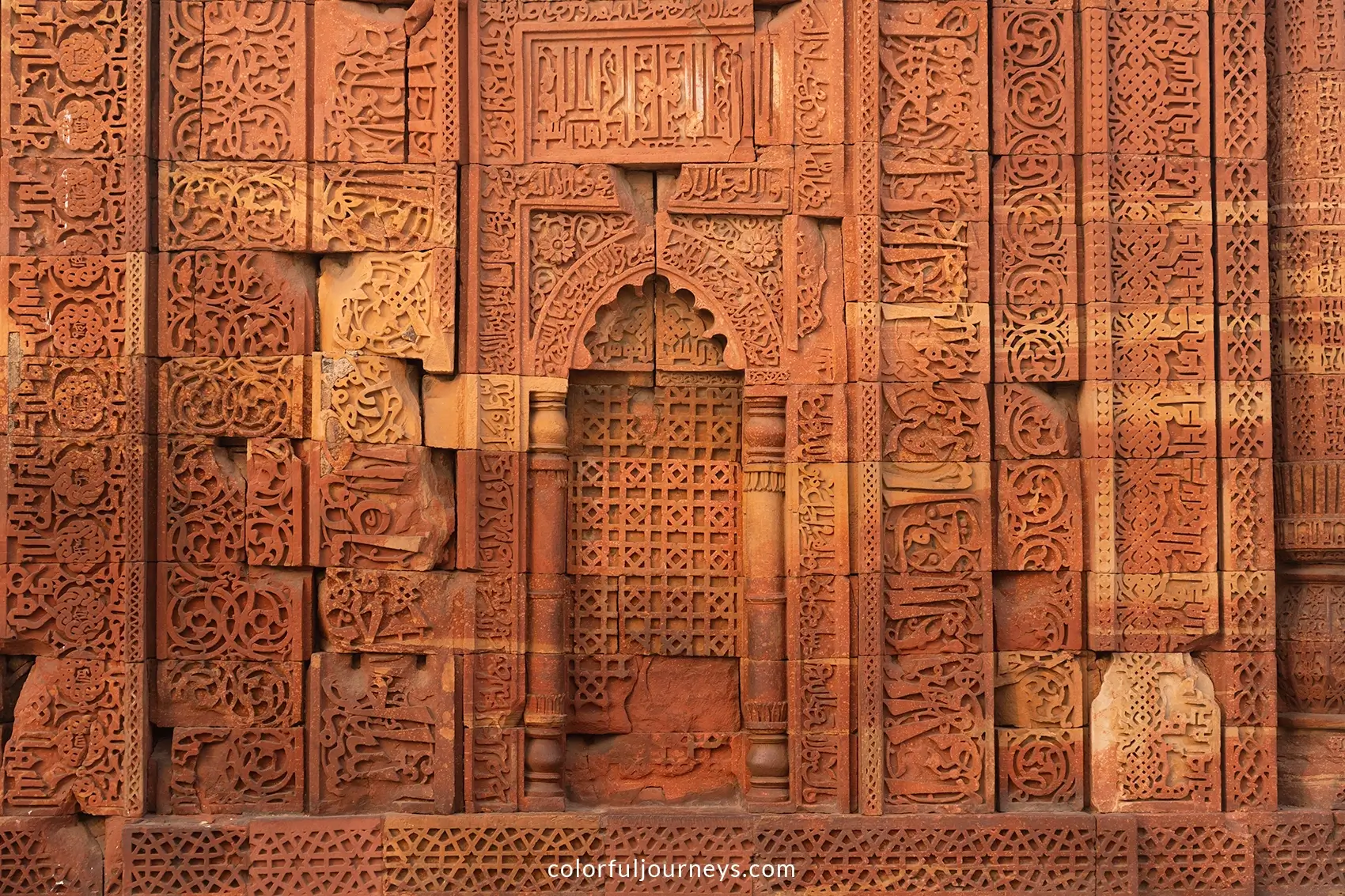 An intricately designed wall at Qutub Minar in Delhi, India