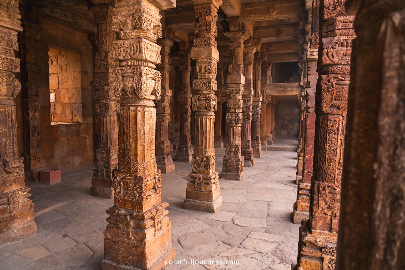 Intricately designed pillars at the Qutub Minar in Delhi, India