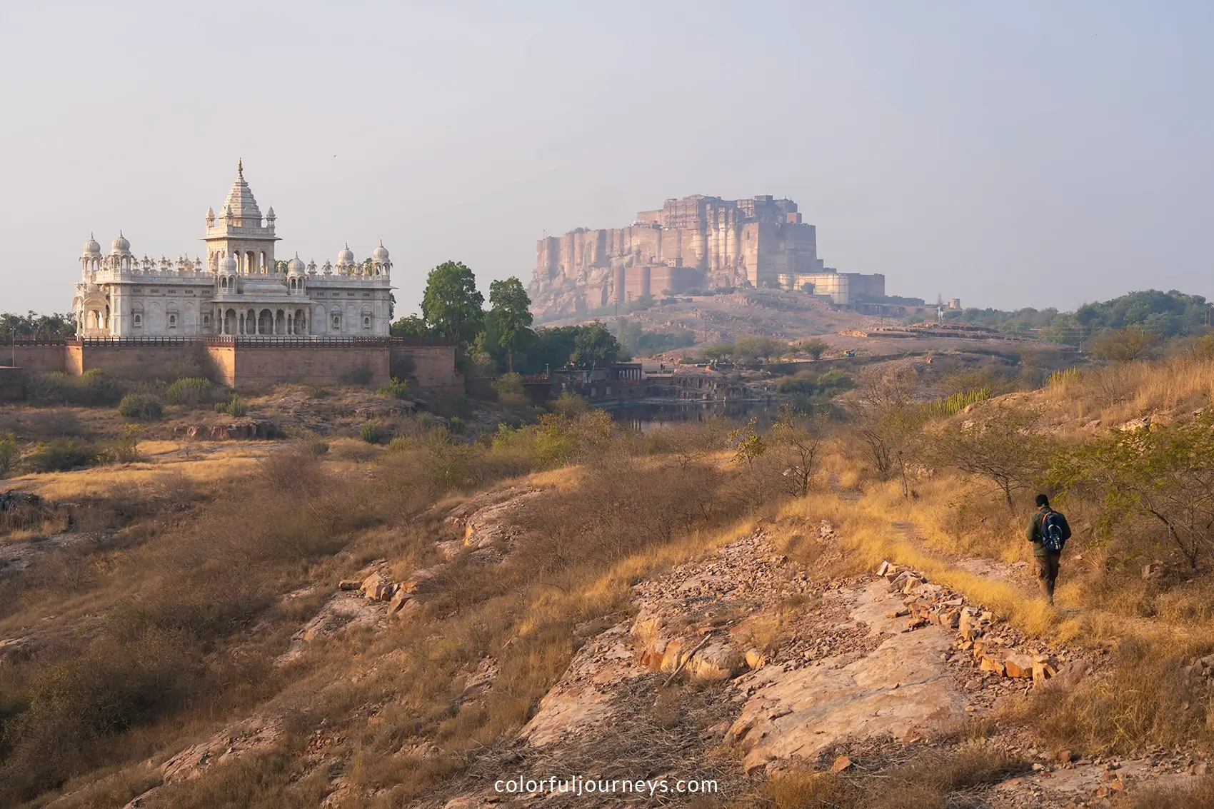 Rao Jodha rock park with Jaswant Thada and Mehrangarh fort in the background in Jodhpur, India