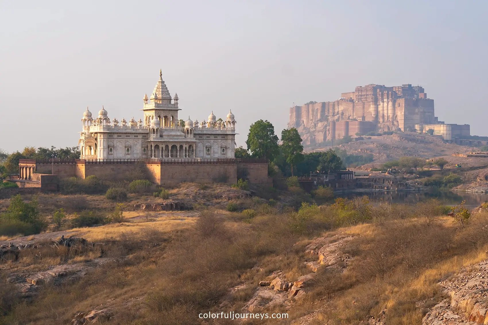 Rao Jodha rock park with Jaswant Thada and Mehrangarh fort in the background in Jodhpur, India