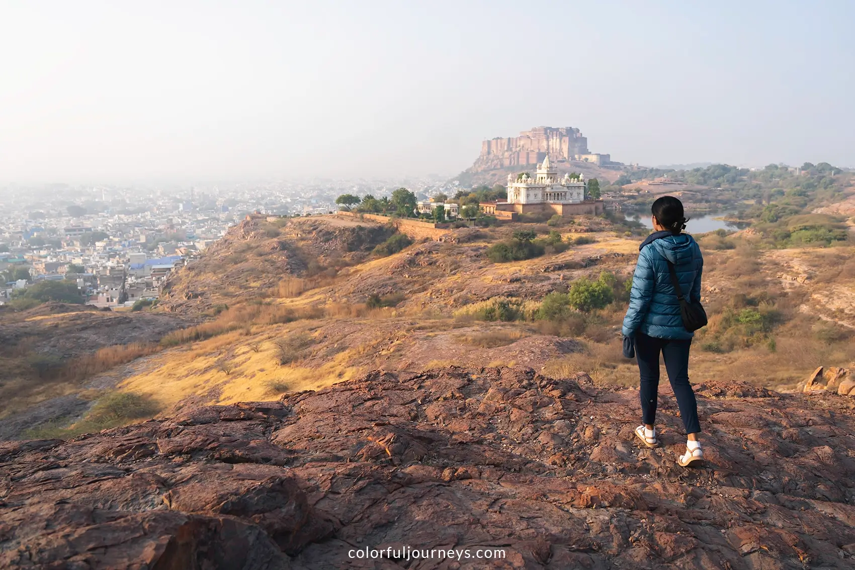 Rao Jodha rock park with Jaswant Thada and Mehrangarh fort in the background in Jodhpur, India