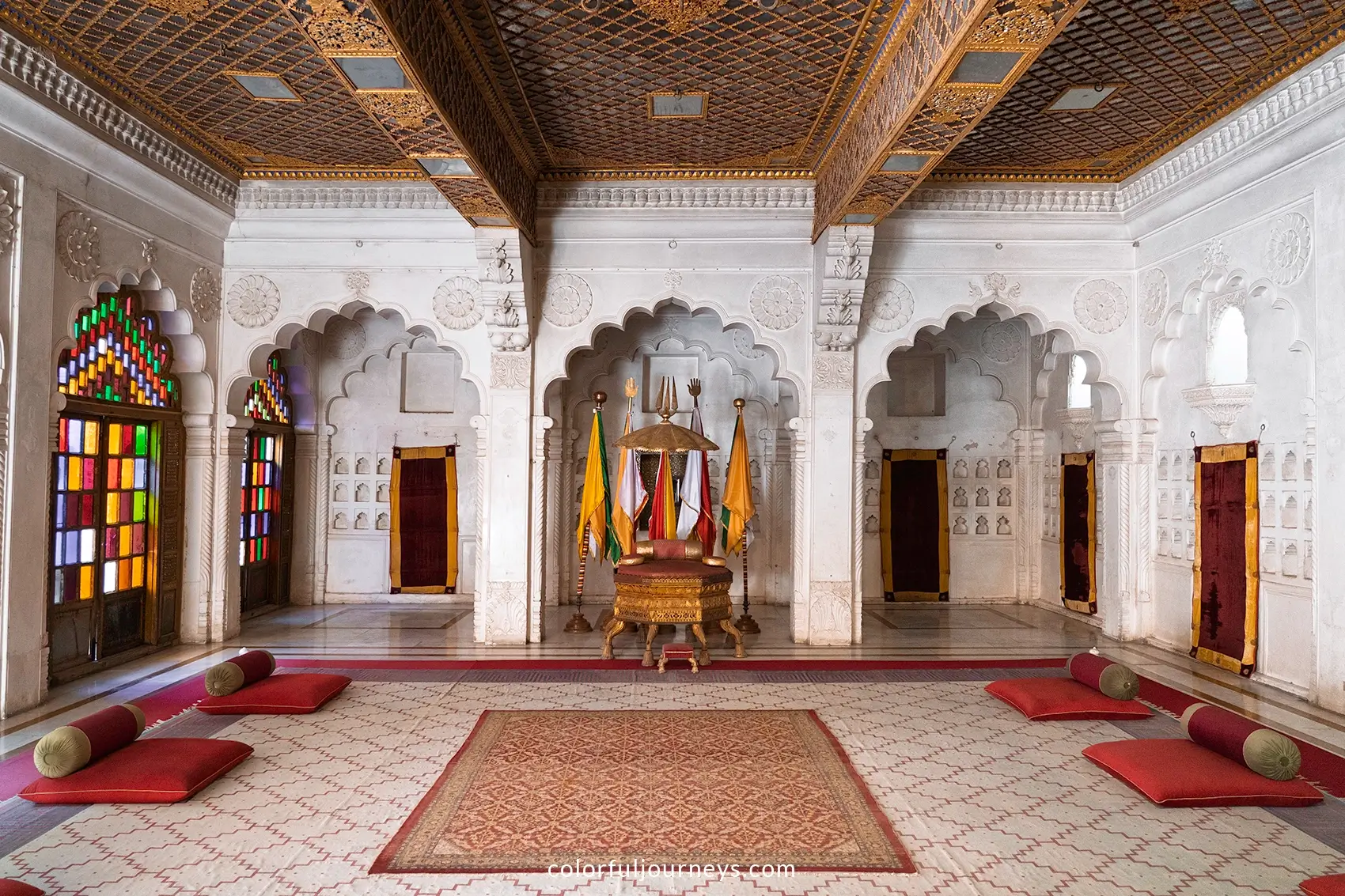 A spacious room with white walls in Mehrangarh Fort in Jodhpur, India 