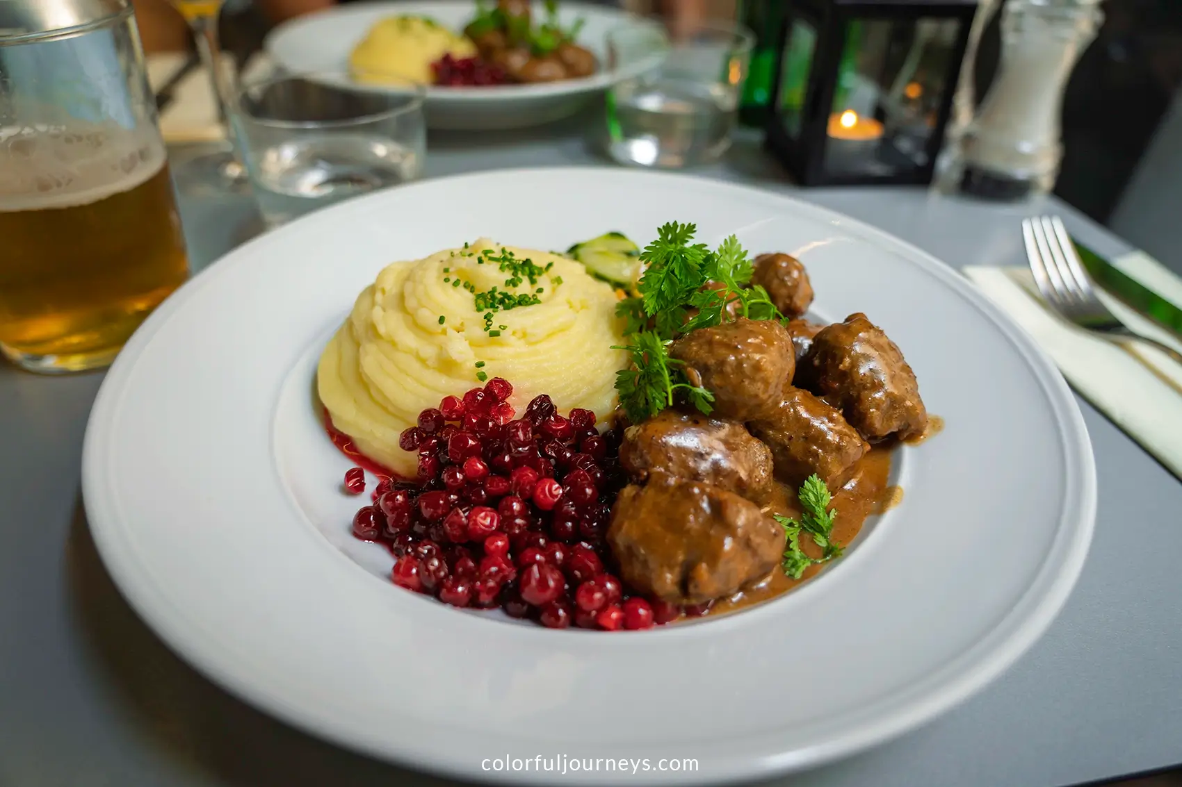 Meatballs with mashed potatoes and cranberries in Sweden