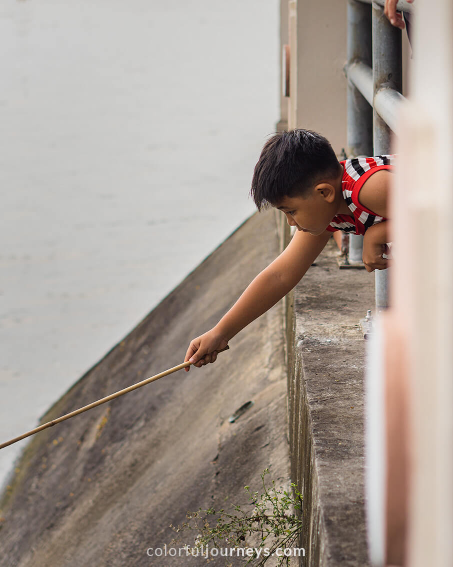 A young boy tries to catch fish at Nguyen Du Park, Long Xuyen