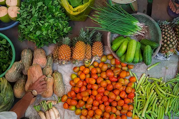 Fresh produce sold at a market in Vinh Long, Vietnam