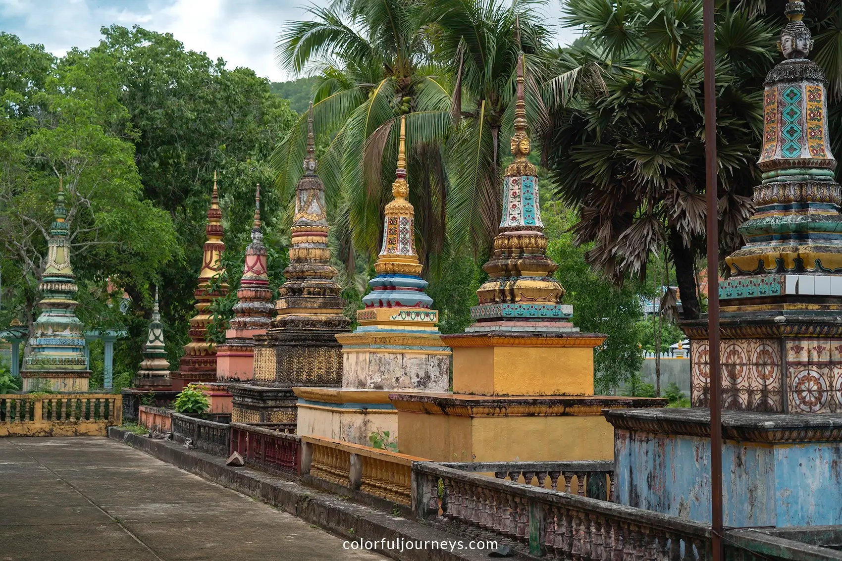Colorful stupas at a temple in An Giang, Vietnam