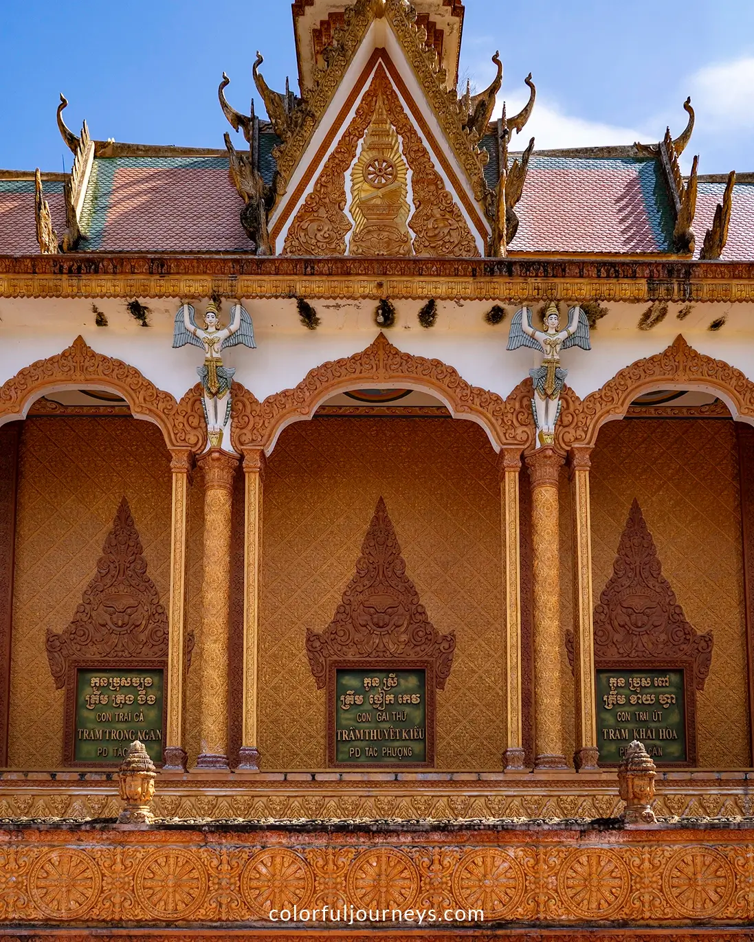 The golden facade of Kampong Ksan temple in Tra Vinh, Vietnam