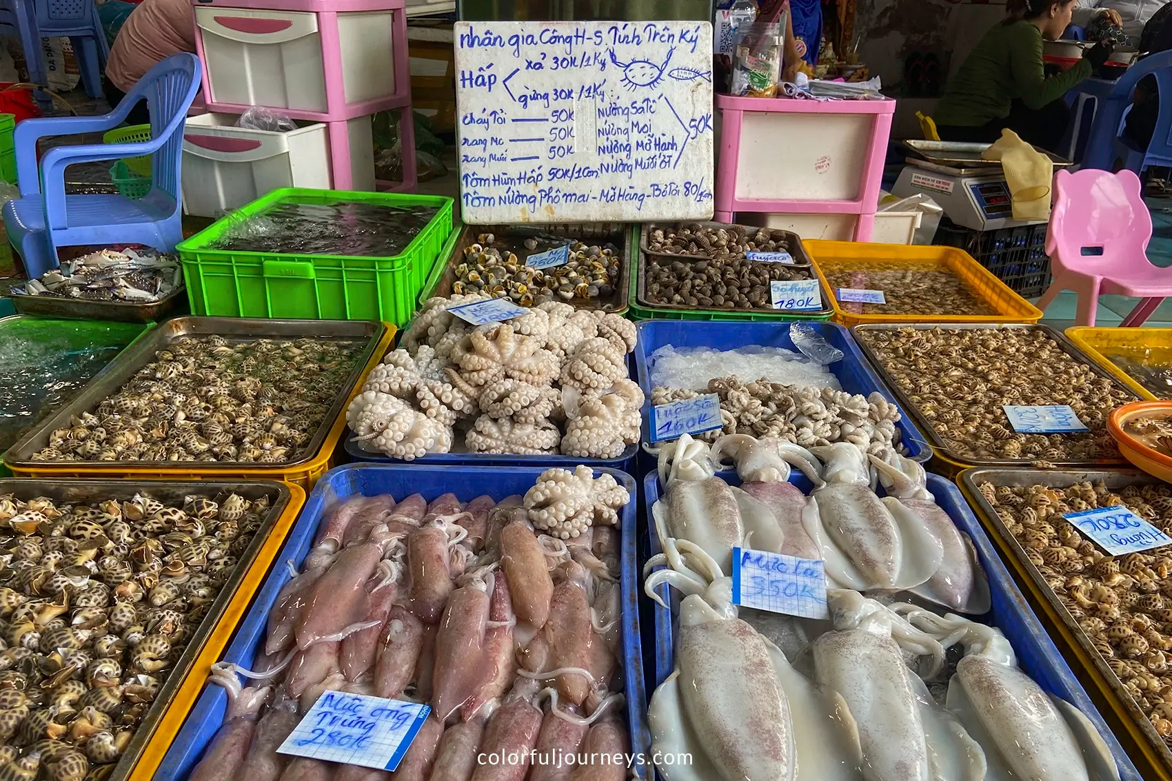 Crates filled with seafood at a market in Vung Tau, Vietnam