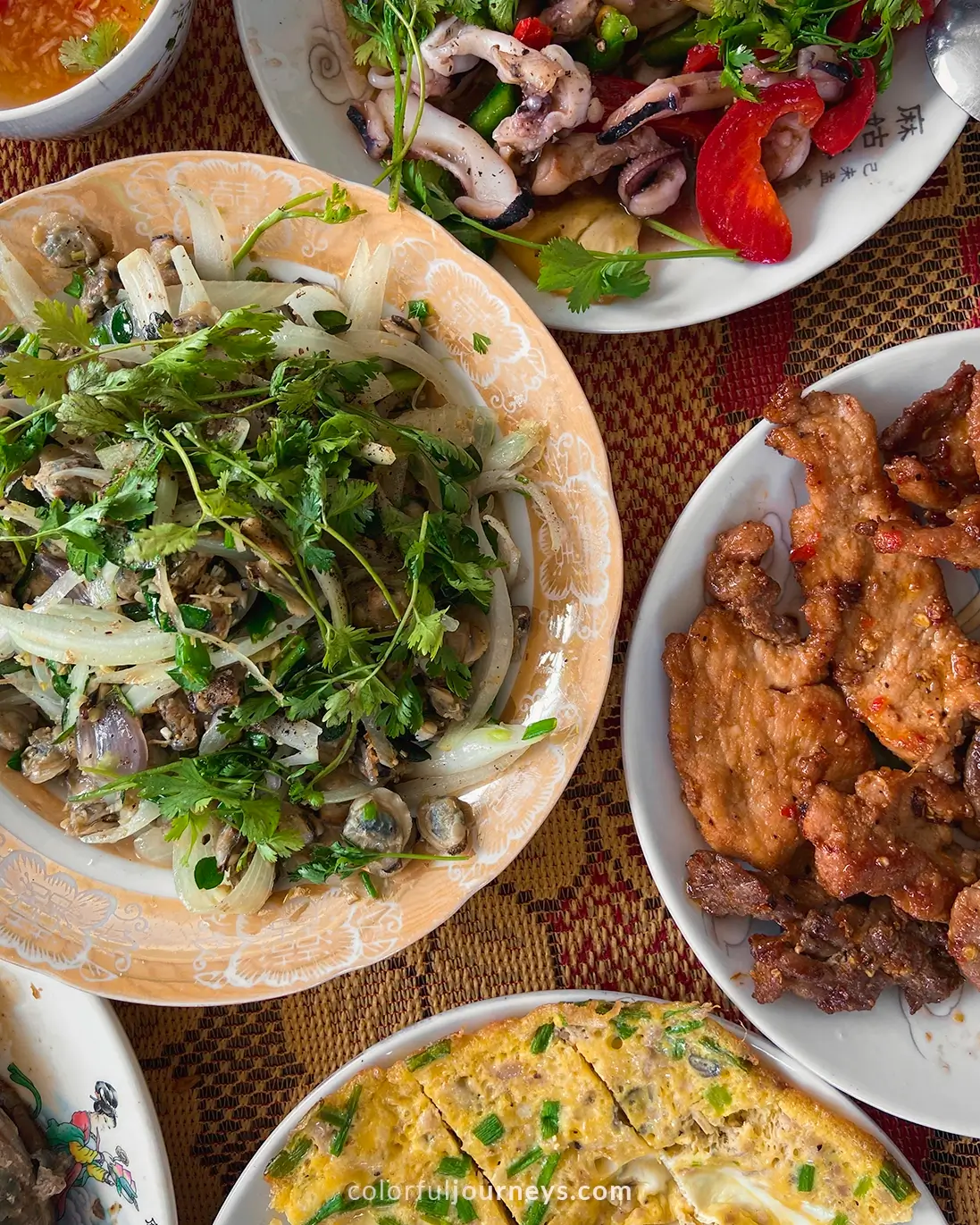 Plates of food at Lang Go Co village, Vietnam