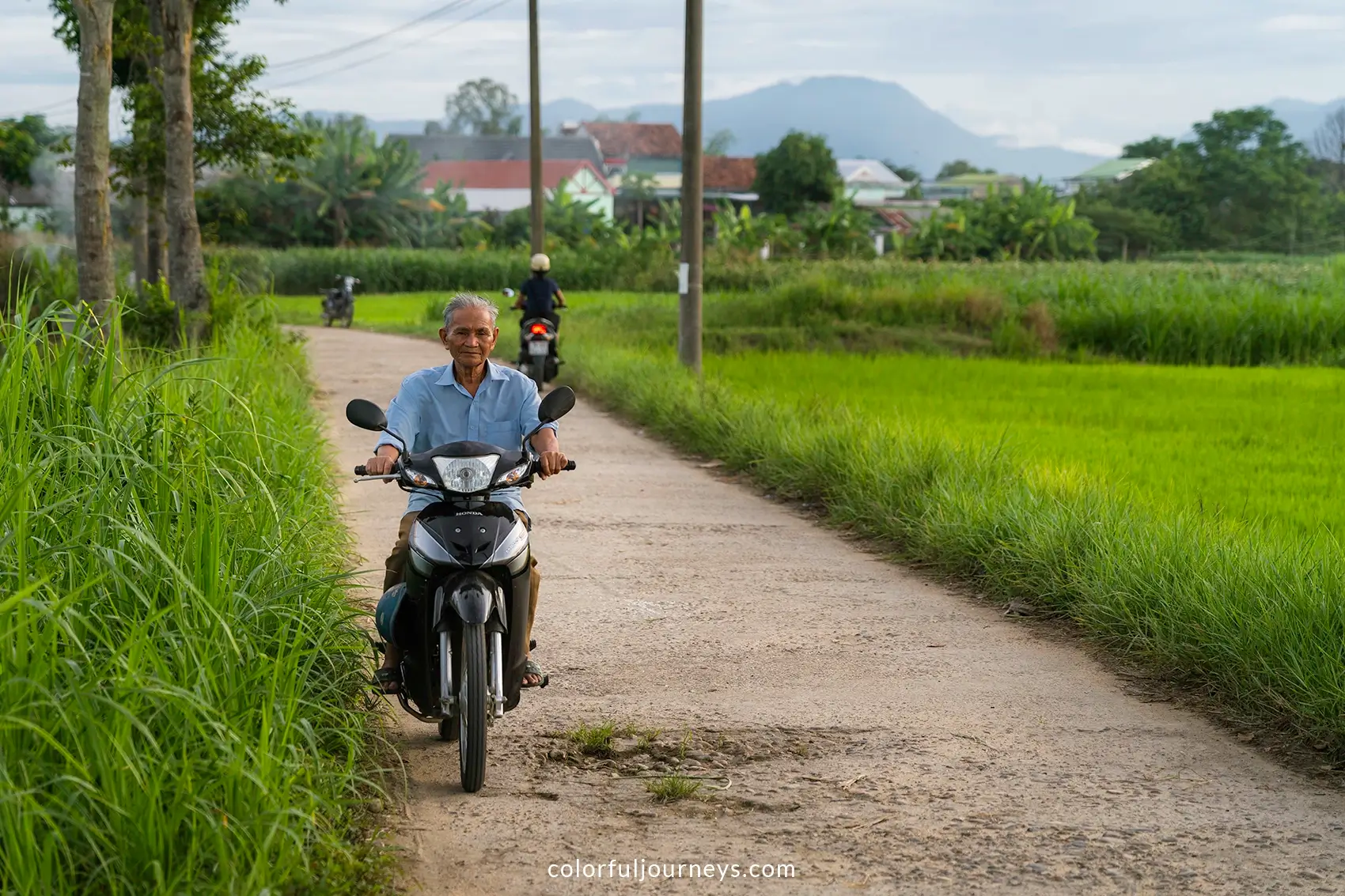 A man rides his motorbike through the rice paddies near Quang Ngai, Vietnam