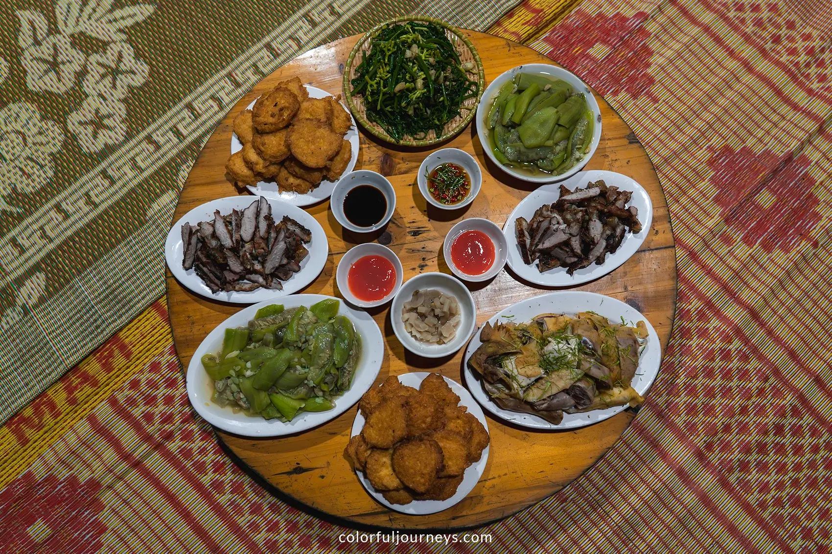 Plates with food at a homestay in Ban Lien, Vietnam