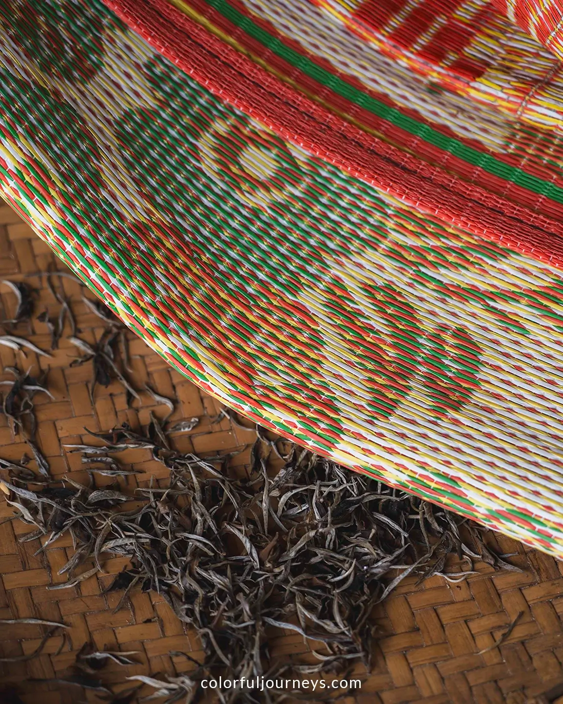 Hand woven mats and drying tea seen upclose
