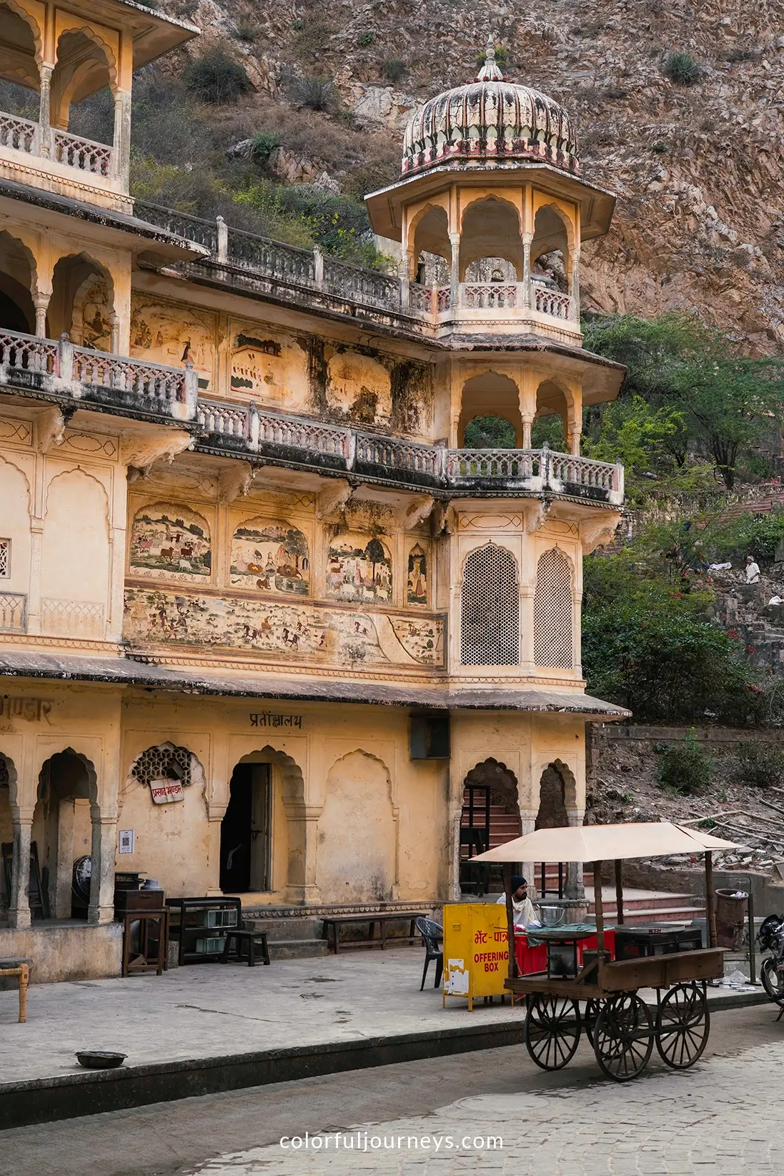 A colorful temple at Galta Ji in Jaipur, India
