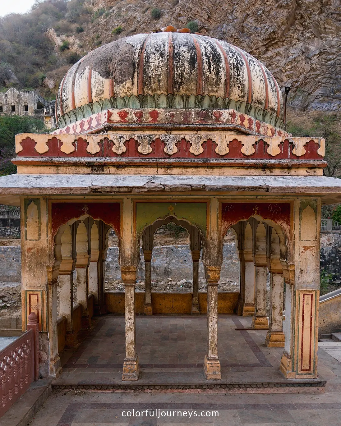 A colorful temple at Galta Ji in Jaipur, India
