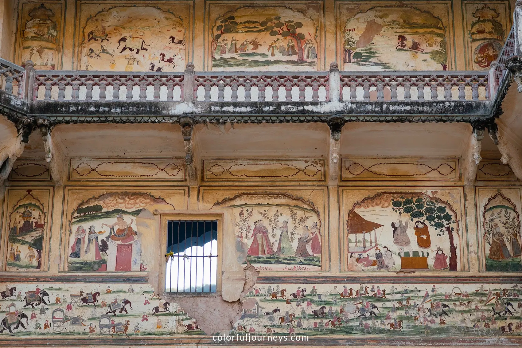 Weathered paintings on a temple at Galti Ji in Jaipur, India