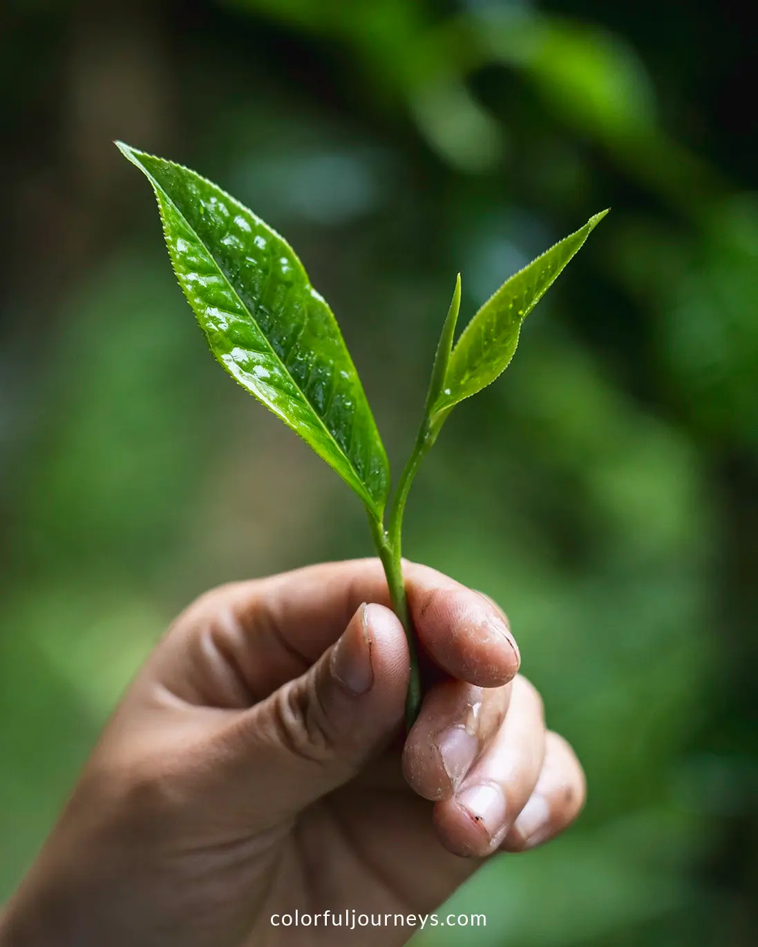 A hand holding young tea leaves 