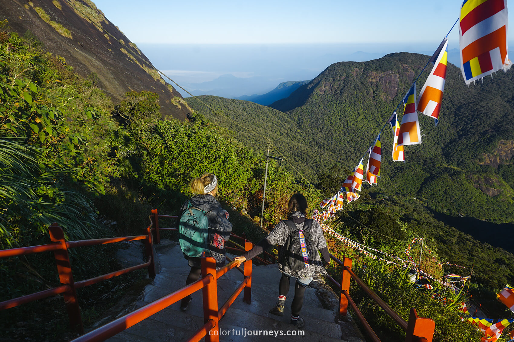 Two women decent along the steps of Adam's Peak, Sri Lanka