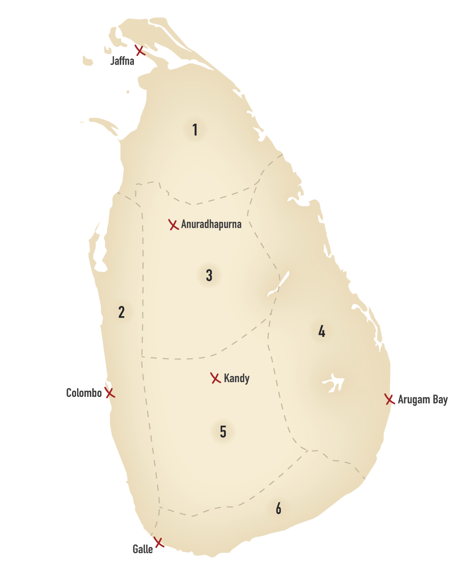 Map of Sri Lanka divided in 6 regions. 