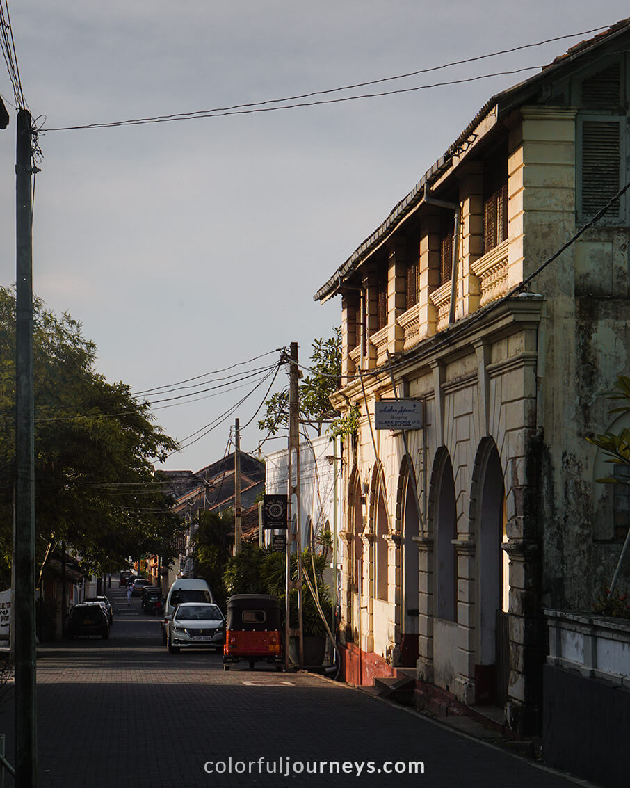 Colonial buildings lit up by the sun in Galle, Sri Lanka. 