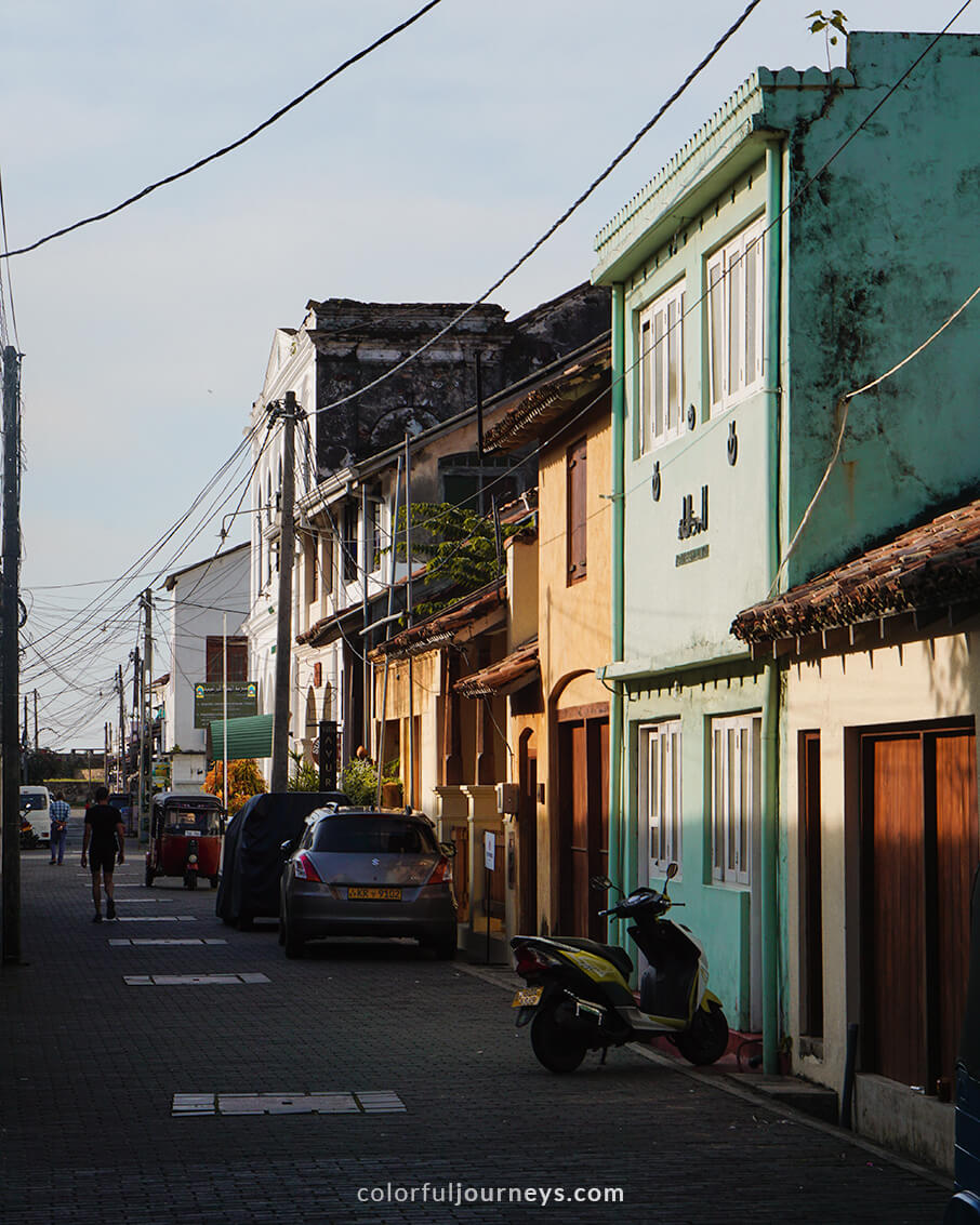 Colonial buildings lit up by the morning sun in Galle, Sri Lanka. 