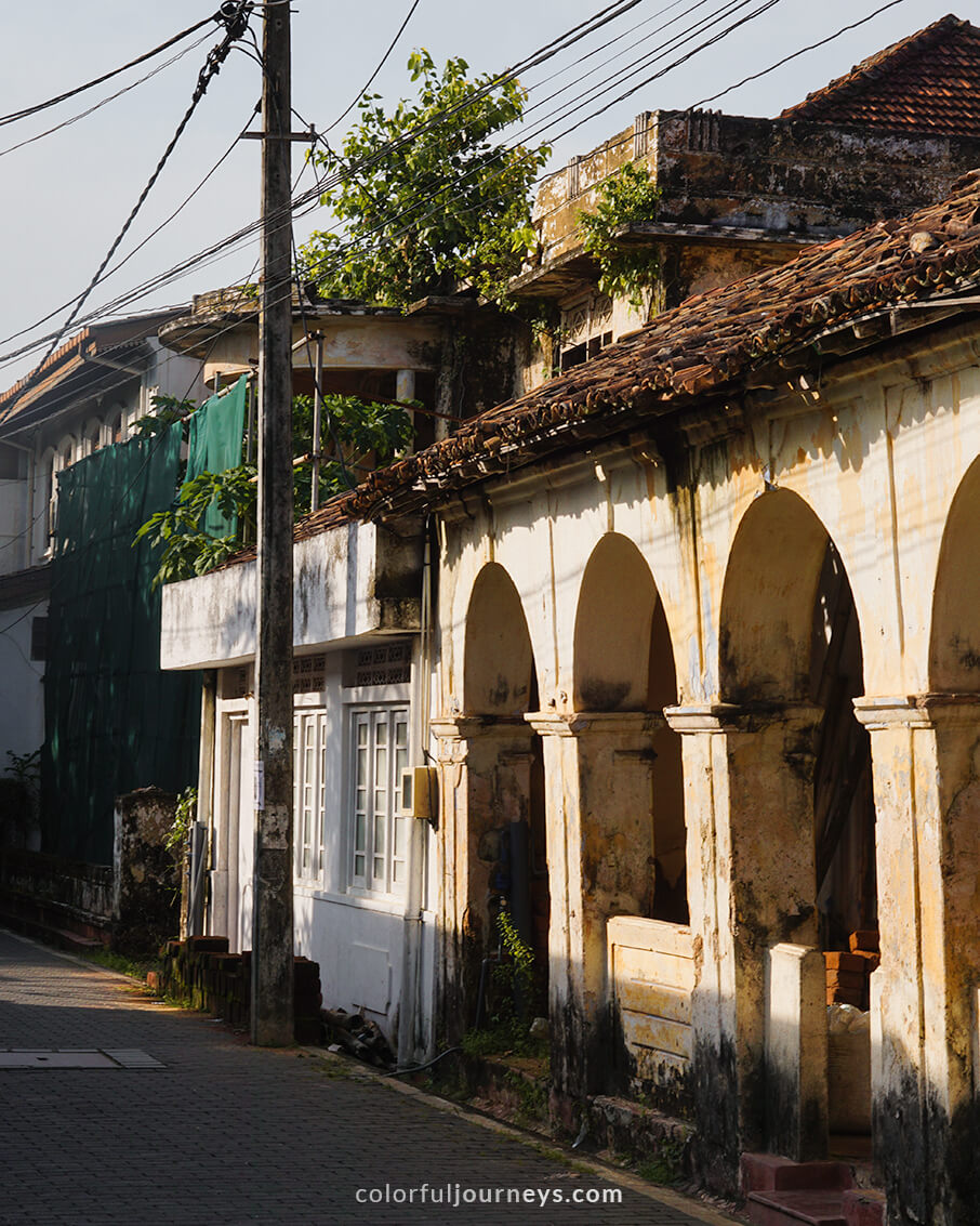 Colonial buildings lit up by the sun in Galle, Sri Lanka. 