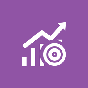 White arrow trending up above white columns on a purple background.