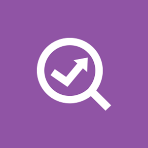 White magnifying glass icon with an check-mark arrow inside the lens on a purple background.