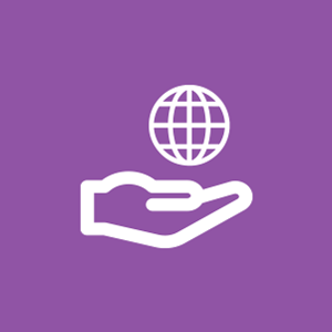 White outline of hand with globe floating above on a purple background.