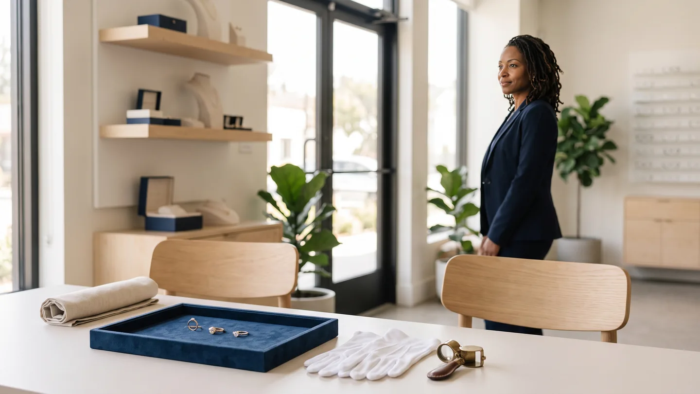 Table de consultation en joaillerie préparée pour un rendez-vous : plateau de velours bleu avec trois bagues, gants blancs et loupe de joaillier, deux chaises vides, et une conseillère qui attend près de la vitrine.