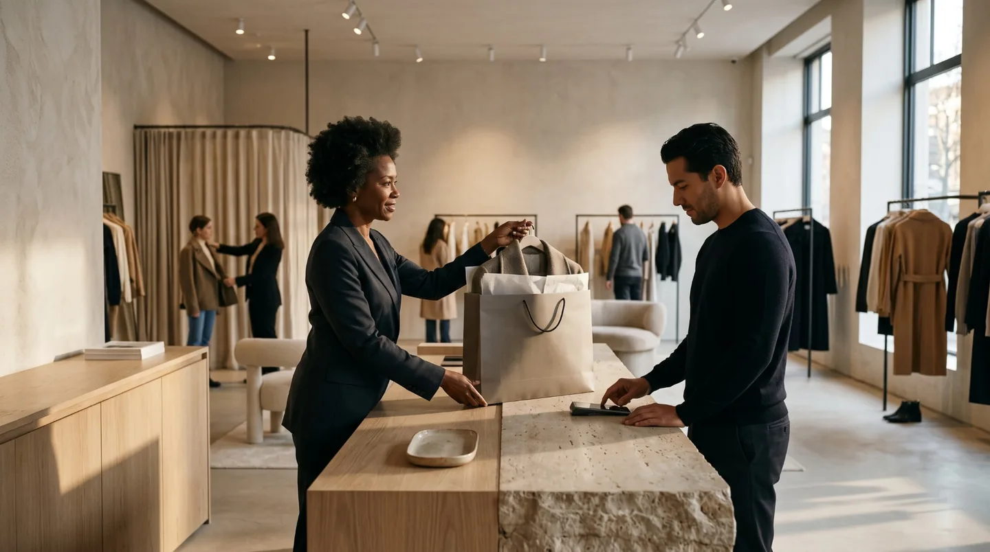 Advisor in a designer fashion boutique completing the sale of a tailored coat while other clients try on and browse behind