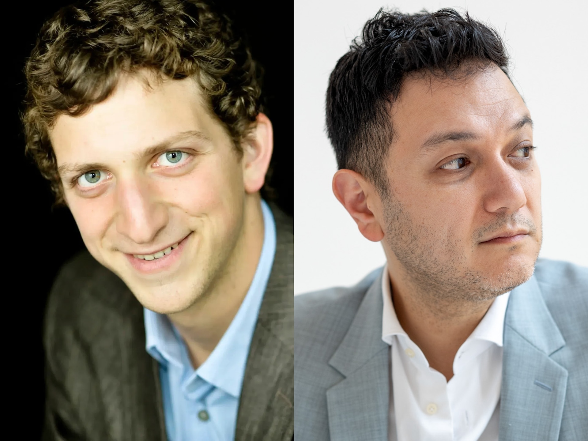 Two artists pose for a headshot