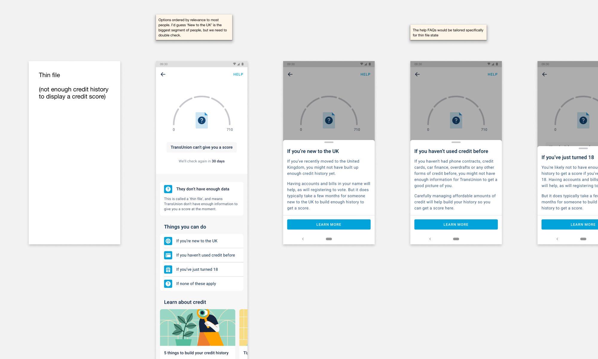 Designs exploring the journey for customers that can't see their credit score.