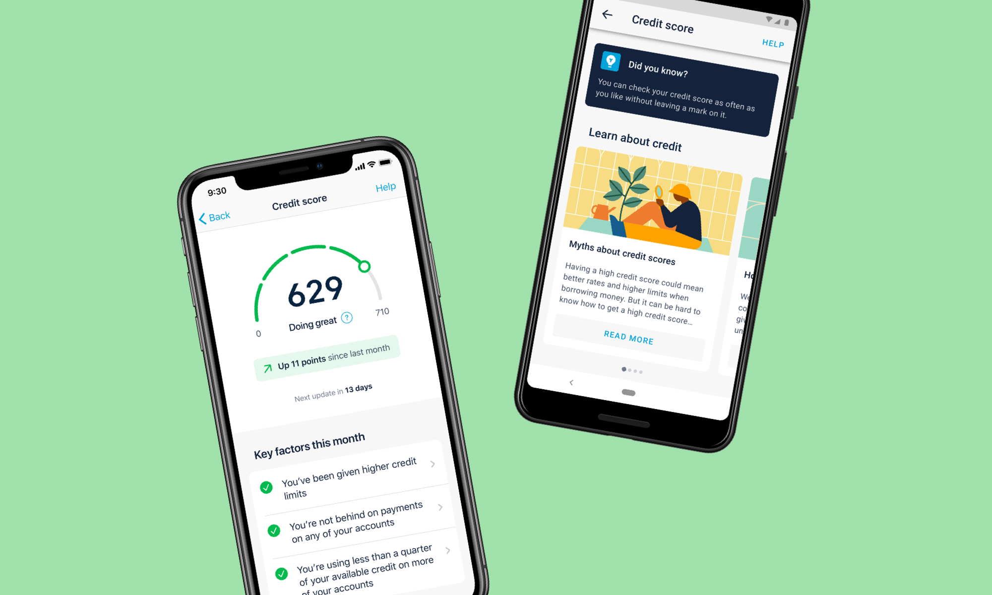 Two screens of the credit score interface shown on device