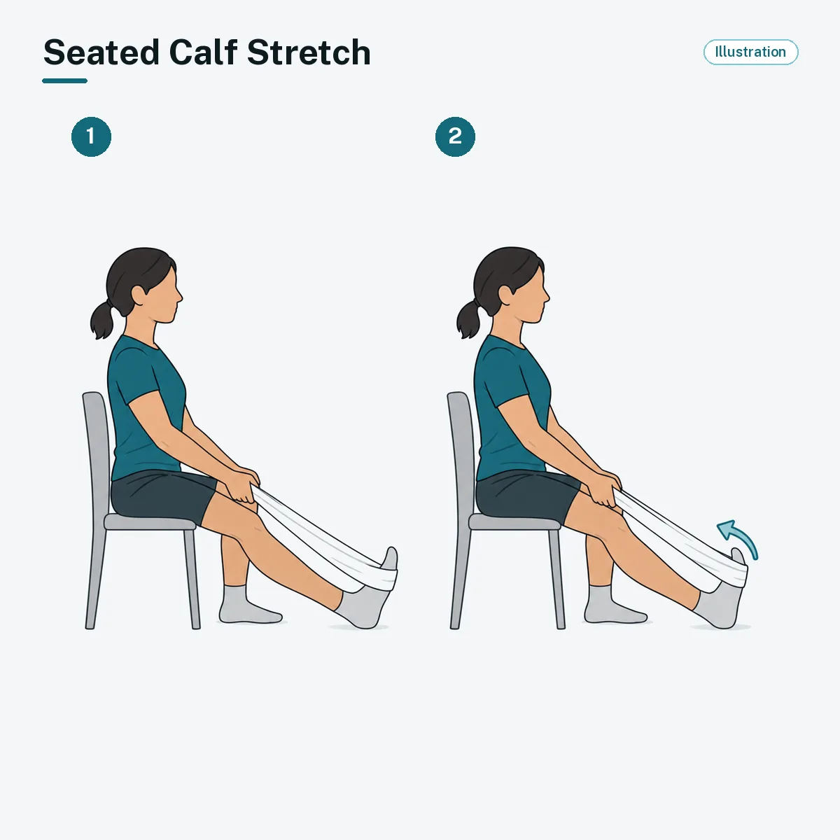A seated person uses a towel around the foot to gently pull the toes up toward the shin.