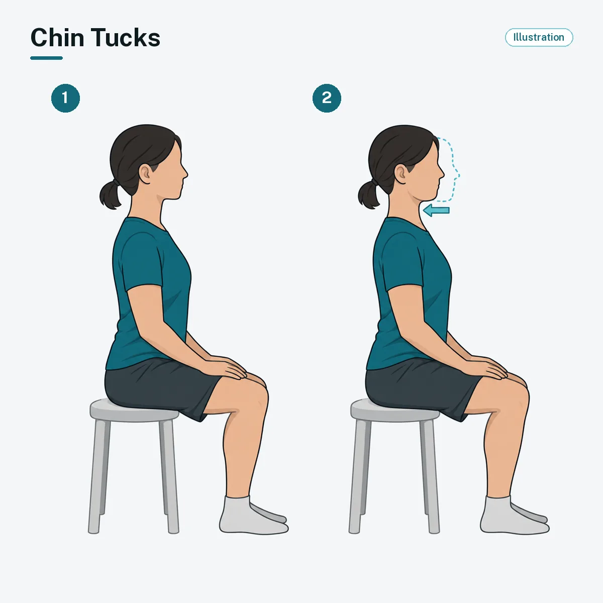 A seated person glides the head straight back, tucking the chin while keeping the eyes level.