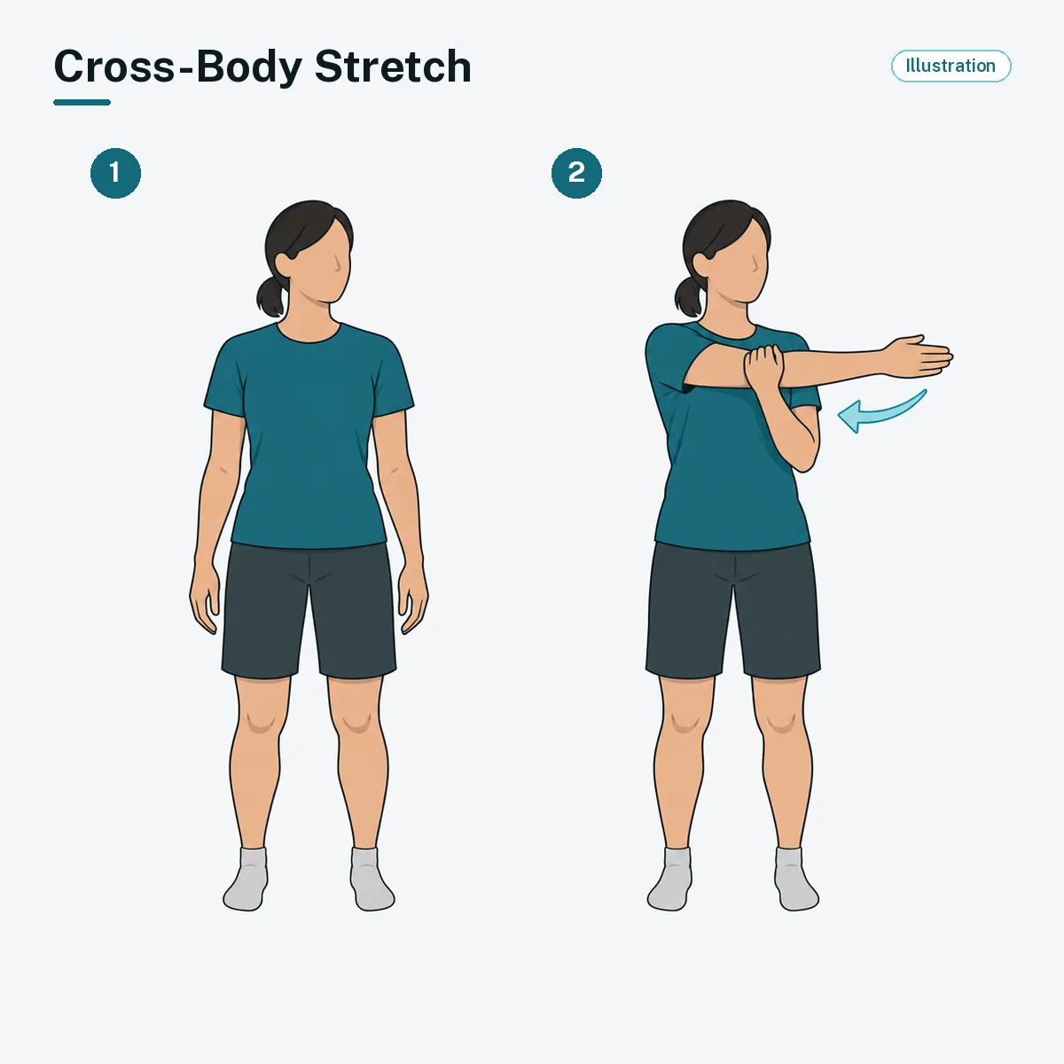 A standing person brings one arm across the chest and holds it above the elbow with the other hand.