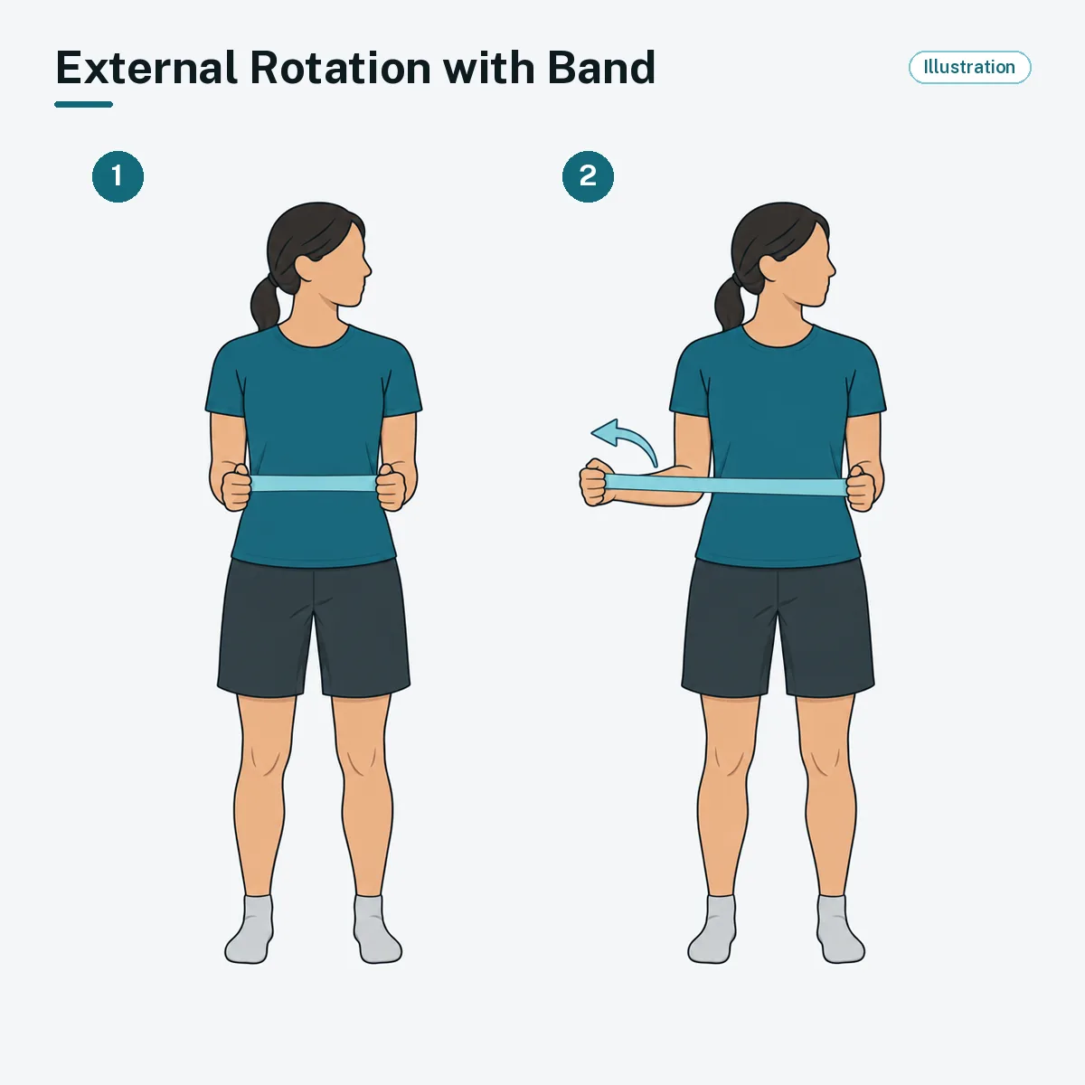 A standing person with elbows at the sides rotates one forearm outward against a light band.