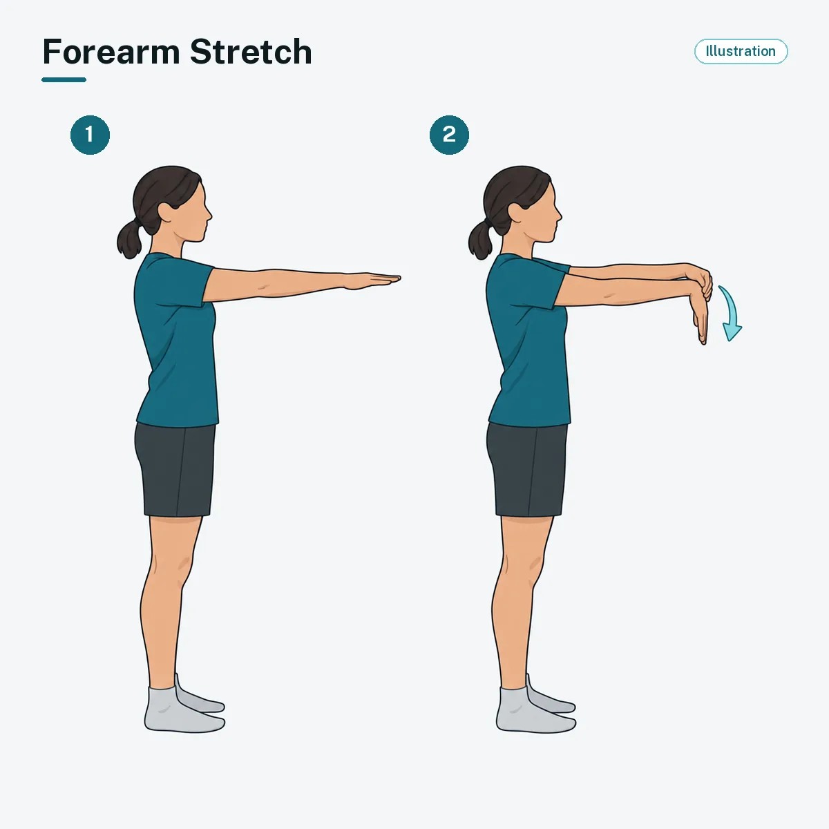 A standing person holds one arm forward, palm down, and gently bends the wrist down with the other hand.