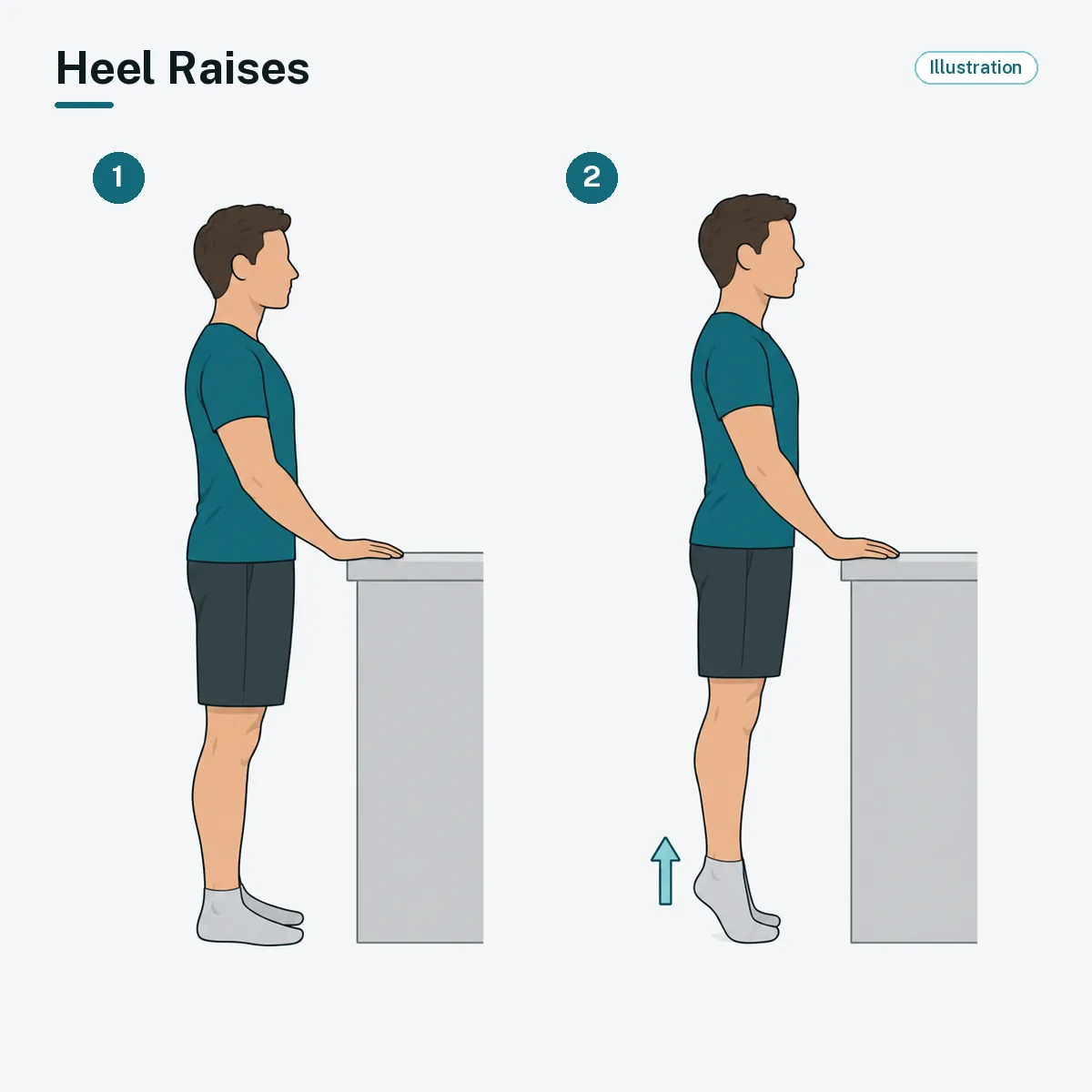 A person holding a counter rises up onto the balls of both feet.