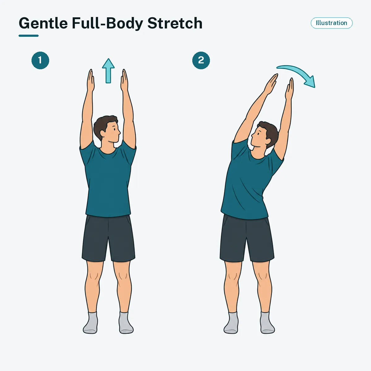 A standing person reaches both arms overhead, then bends gently to one side.